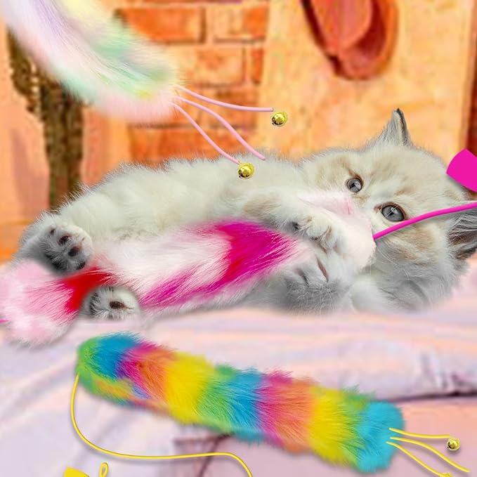 3 Pack Cat Wand Toy, Rainbow Cat Feather Toys with Bells, Teaser Wand with Soft Furry Tail, Interactive Toys for Indoor Cats &amp; Kitten &amp; Kitty