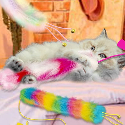 3 Pack Cat Wand Toy, Rainbow Cat Feather Toys with Bells, Teaser Wand with Soft Furry Tail, Interactive Toys for Indoor Cats &amp; Kitten &amp; Kitty