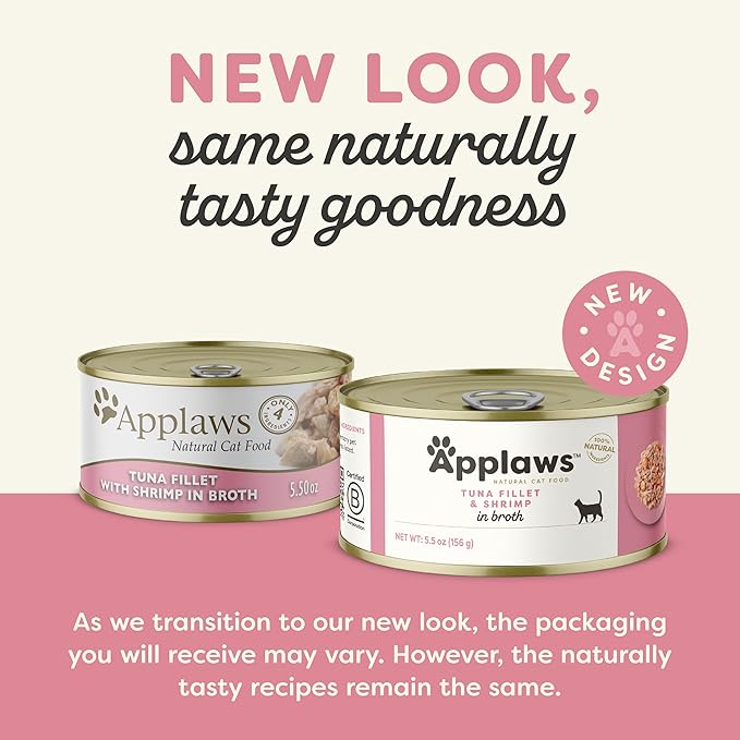 Applaws Natural Wet Cat Food in Broth, Limited Ingredient Canned Wet Cat Food, No Additives, Made with Natural Ingredients, Tuna Fillet &amp; Shrimp in Broth (6 x 5.5oz Cans)