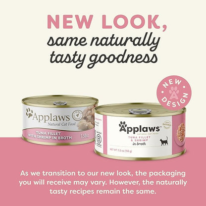 Applaws Natural Wet Cat Food in Broth, Limited Ingredient Canned Wet Cat Food, No Additives, Made with Natural Ingredients, Tuna Fillet &amp; Shrimp in Broth (6 x 5.5oz Cans)