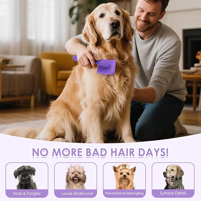 Large Slicker Brush for Dogs - 3PC Pet Grooming Kit - Undercoat Rake &amp; Stainless Comb | Long Pins Remove Mats on Poodles, Golden, Labradoodles | Thick Coat Deshedder for Dogs, Cats, Purple