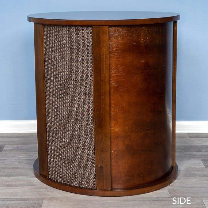 THE REFINED FELINE Purrrrfect End Table Cat Bed Cave in Mahogany Brown, Multipurpose Wood Cat Furniture Nightstand, Easy to Clean Covered Cat Bed with Replaceable Scratching Post &amp; Washable Cushion
