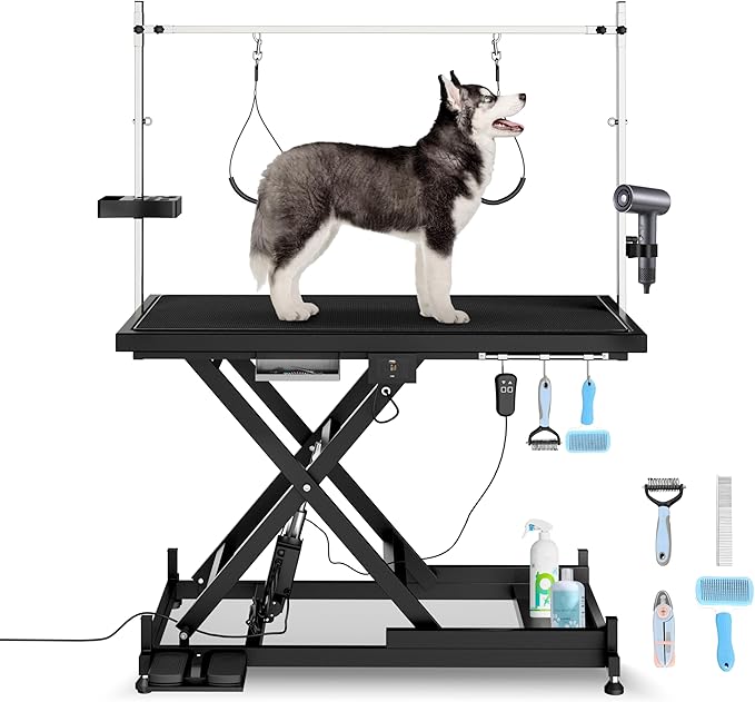 Electric Pet Grooming Table for Large Dogs - Professional Heavy Duty Height Adjustable Pet Grooming Station with Anti Slip Tabletop, Two Nooses &amp; Tool Organizer, Maximum Capacity Up to 250 lbs Black