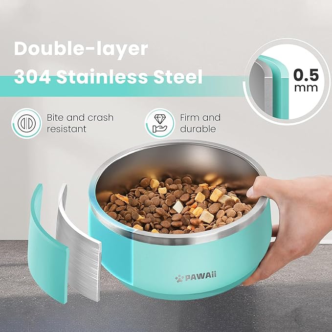 Pawaii Stainless Steel Dog Bowl with Non-Slip Rubber Base &amp; Double Wall Insulation - Durable Design | Includes ID Tag | Dishwasher Safe Food &amp; Water Bowl for All Dogs (34oz)
