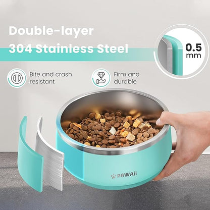 Pawaii Stainless Steel Dog Bowl with Non-Slip Rubber Base &amp; Double Wall Insulation - Durable Design | Includes ID Tag | Dishwasher Safe Food &amp; Water Bowl for All Dogs (34oz)