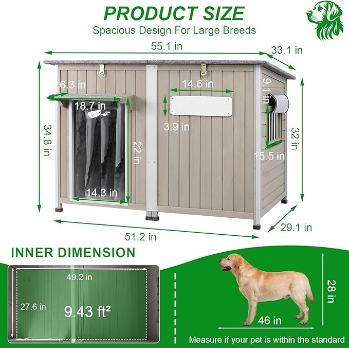Dog House Outdoor Weatherproof &amp; Wooden Dog Kennel with Chew-Proof Iron Frame，Removable Floor, Adjustable Vent Window, Easy Assembly for Large and Extra-Large Dogs 55.1" D x 33.1" W x 34.8" H