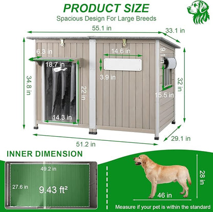 Dog House Outdoor Weatherproof &amp; Wooden Dog Kennel with Chew-Proof Iron Frame，Removable Floor, Adjustable Vent Window, Easy Assembly for Large and Extra-Large Dogs 55.1" D x 33.1" W x 34.8" H