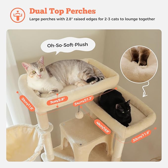 Large Cat Tree for Big Cats &amp; Multi-Cat Homes, 81 Inch Tall Cat Tower with Sturdy Metal Hammock, 6 Sisal Scratching Posts, 2 Cozy Condos, 2 Top Perches - Multi-Level Cat Tower, Beige