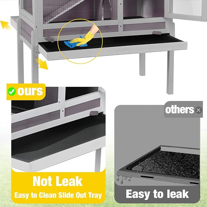 Aivituvin 2-Story Rabbit Hutch with Anti-Chew Ramp &amp; Zinc Sheet - 36.6" Indoor Guinea Pig Cage, Wooden Stand, Pull-Out Tray &amp; Leakproof Floor (Grey)