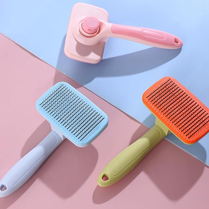 Self‑Cleaning Pet Grooming Brush (Blue) – One‑Click Fur Release, Soft Rounded Bristles, Ergonomic Non‑Slip Handle, Safe &amp; Gentle Deshedding Tool for Dogs &amp; Cats