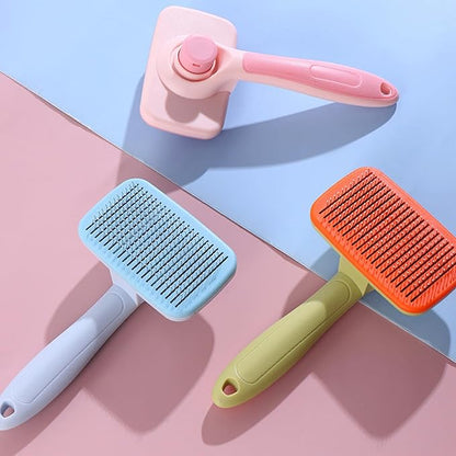 Self‑Cleaning Pet Grooming Brush (Blue) – One‑Click Fur Release, Soft Rounded Bristles, Ergonomic Non‑Slip Handle, Safe &amp; Gentle Deshedding Tool for Dogs &amp; Cats