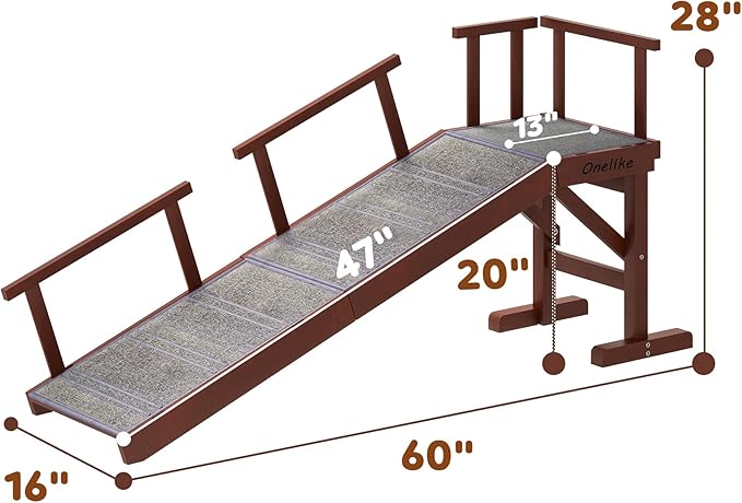 Onelike Wooden Dog Ramp for Bed with Removable Side Rail and Non-Slip Carpet, Stable Pet Ramp Stair for Couch Sofa for Small &amp; Large &amp; Senior Dogs, 60" Long Ramp Brown