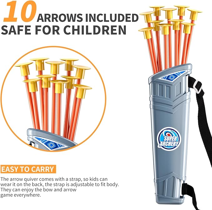 TEMI Bow and Arrow Set for Kids - Archery Toy Set - LED Light Up with Suction Cup Arrows, Target &amp; Quiver, Indoor and Outdoor Toys for Children Boys Girls