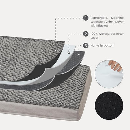 Orthopedic Memory Foam Bed for Large Dogs, Waterproof Cooling Pet Mats for Crate with Removable Washable Cover,Ideal for Arthritic Dogs (Large-35"x 22" x 3", Rose Plush+Blanket)
