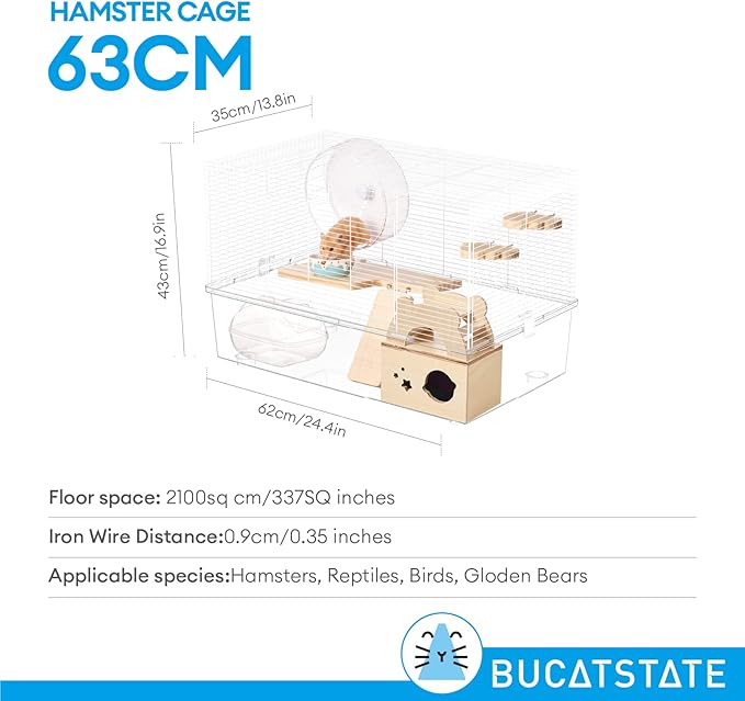 BUCATSTATE Hamster Cage 3-Level with Accessories, Includes Free Exercise Wheel, Water Bottle, Food Bowl &amp; Hamster Hideout, Large Hamster Cage for Dwarf Hamster, Mice, Degus (24.4" L*13.7 "W*16.9" H)