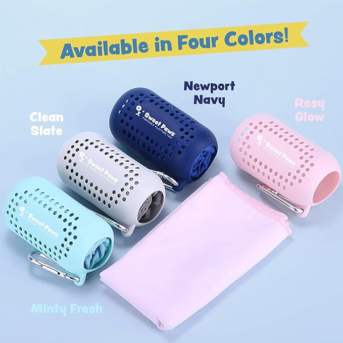 Sweet Paws Portable Dog Paw Towel, Lightweight &amp; Super Absorbent Microfiber, Clips onto Leash, Quick Drying Towel for Dogs Paws with Silicone Case, Dry Dog’s Paws on The Go - 3 Pieces Set - Large