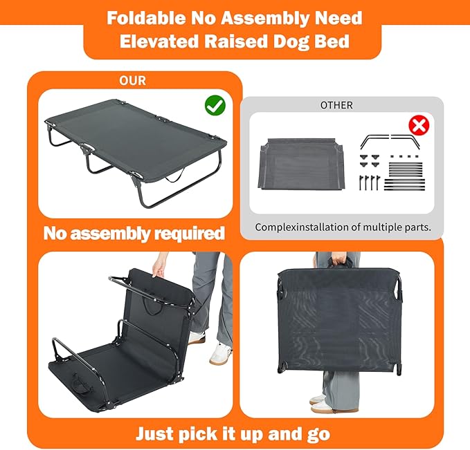 Elevated Dog Bed for Large Pet with No-Slip Feet, Foldable Portable Washable Raised Bed for Indoor&amp;Outdoor Camping Dog Cot, with Cooling Waterproof Breathable Mesh (Large, Black-Textilene)