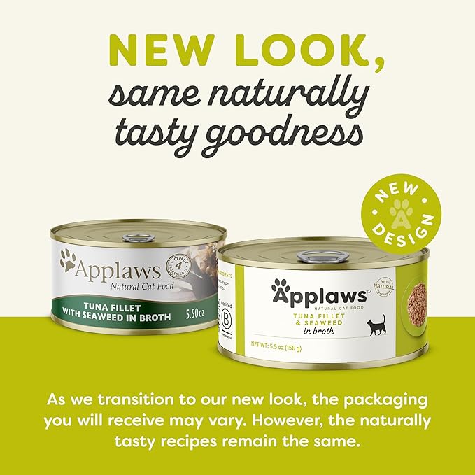 Applaws Natural Wet Cat Food, 24 Count, Limited Ingredient Canned Wet Cat Food, Tuna Fillet with Seaweed in Broth, 5.5oz Cans