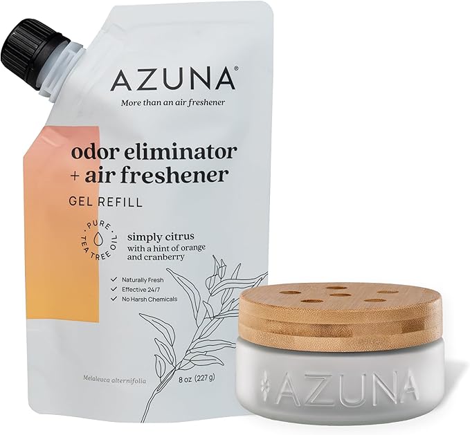 Azuna Air Freshener &amp; Odor Eliminator for Strong Odor | 1 Room Kit Includes (1) Empty Luxe Glass Jar &amp; 8oz Refill with Tea Tree Essential Oil Gel | Simply Citrus | Last 60-90 Days