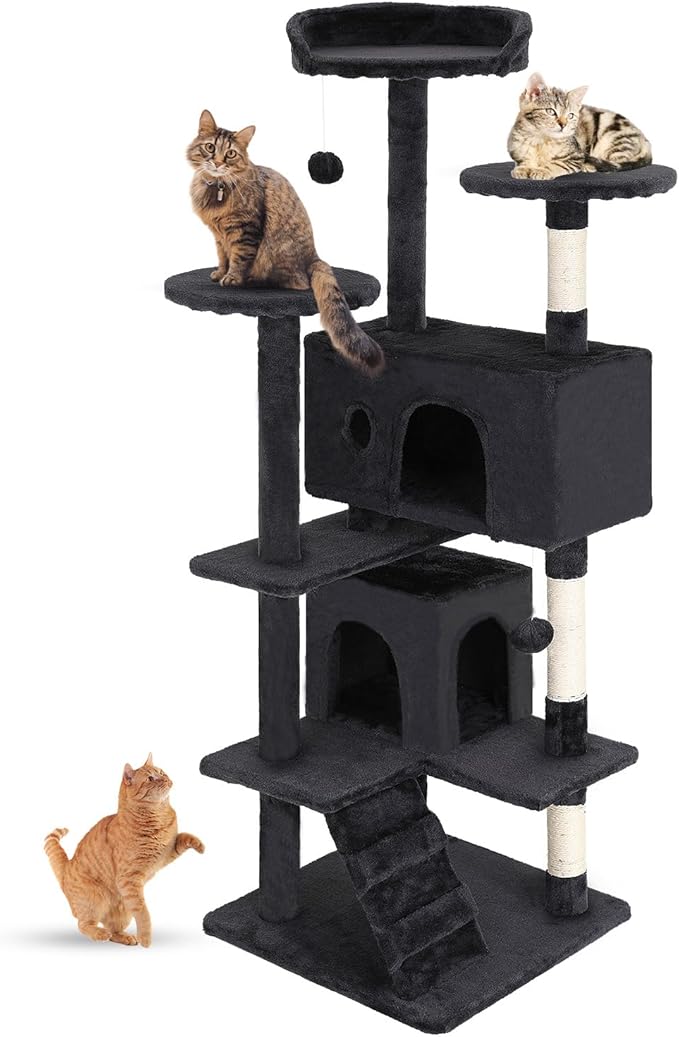 FDW Cat Tree 54in Cat Tower Multi-Level Durable Cat Scratching Post &amp; Cozy Fun Cat Jumping Platform Space Saving Cat Condo Pet Play House for Indoor Cats,Dark Gray