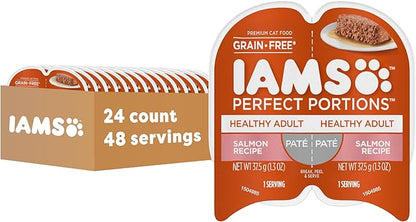 IAMS Perfect Portions Healthy Adult Grain Free Wet Cat Food Pate, Salmon Recipe, 2.6 oz. Easy Peel Twin-Pack Trays (24 Count, 48 Servings)