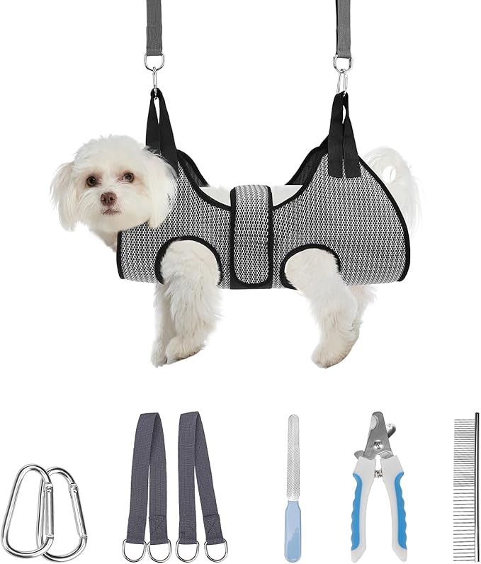 PAWCHIE Dog Grooming Hammock Harness for Dogs &amp; Cats with Pet Nail Clipper Trimmer- Breathable Cat Hanger Sling for Trimming Clipping Nails-Dog Hammock Restraint Bag for Small Medium Large Dog,Grey XS