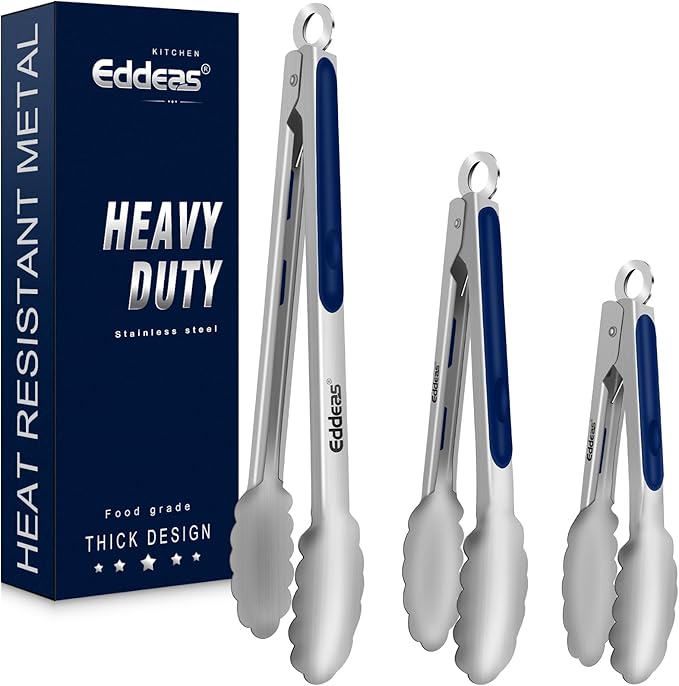 Tongs For Cooking - Heat Resistant 600 Degrees Stainless Steel Kitchen Tong, Heavy Duty Metal Locking Tongs - For Food,Salad, grilling, BBQ 7",9" &amp; 12 inch, set of 3 Dishwasher Safe Blue