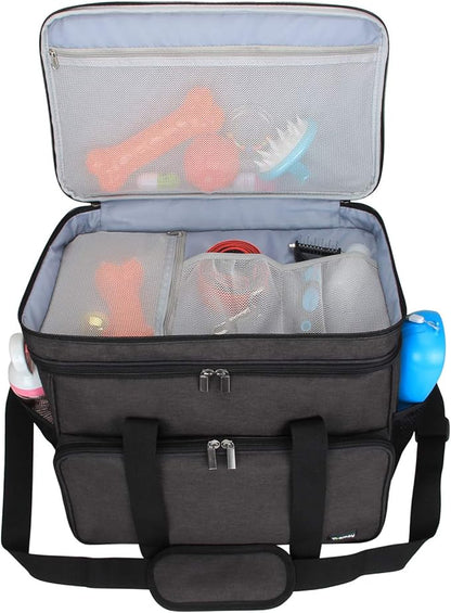 Teamoy Double Layer Dog Travel Bag, Dog Bag for Supplies with 2 Silicone Collapsible Bowls, 2 Food Carriers, 1 Water-Resistant Placemat, Pet Supplies Weekend Tote Organizer (Large, Black)