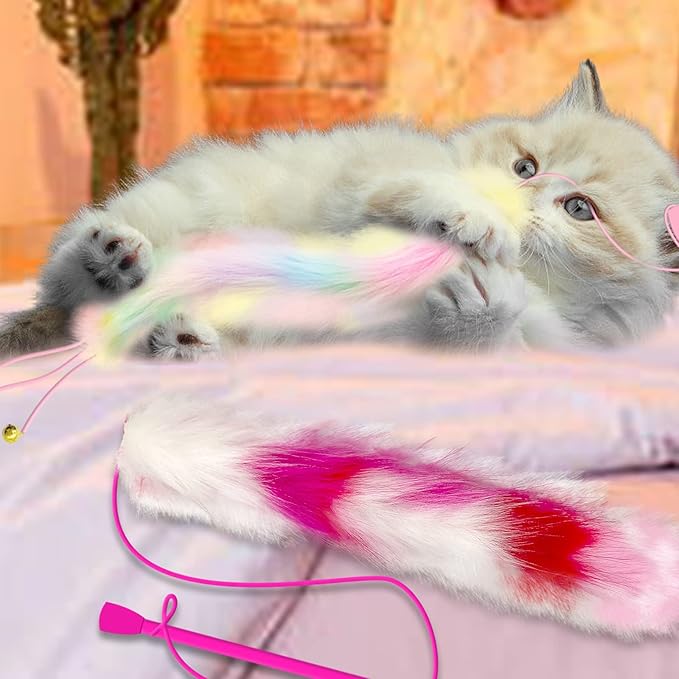 2 Pack Cat Wand Toy, Rainbow Cat Feather Toys with Bells, Teaser Wand with Soft Furry Tail, Interactive Toys for Indoor Cats &amp; Kitten &amp; Kitty