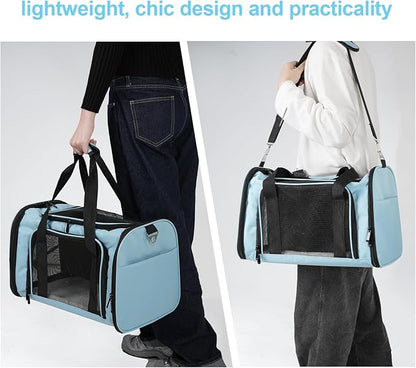 Roaringkitty Travel in Style: Portable Pet Carrier for Small Pets up to 15 Lbs- Airline Approved, Collapsible &amp; Comfortable cat/Puppy Soft Sided Bag (Blue)