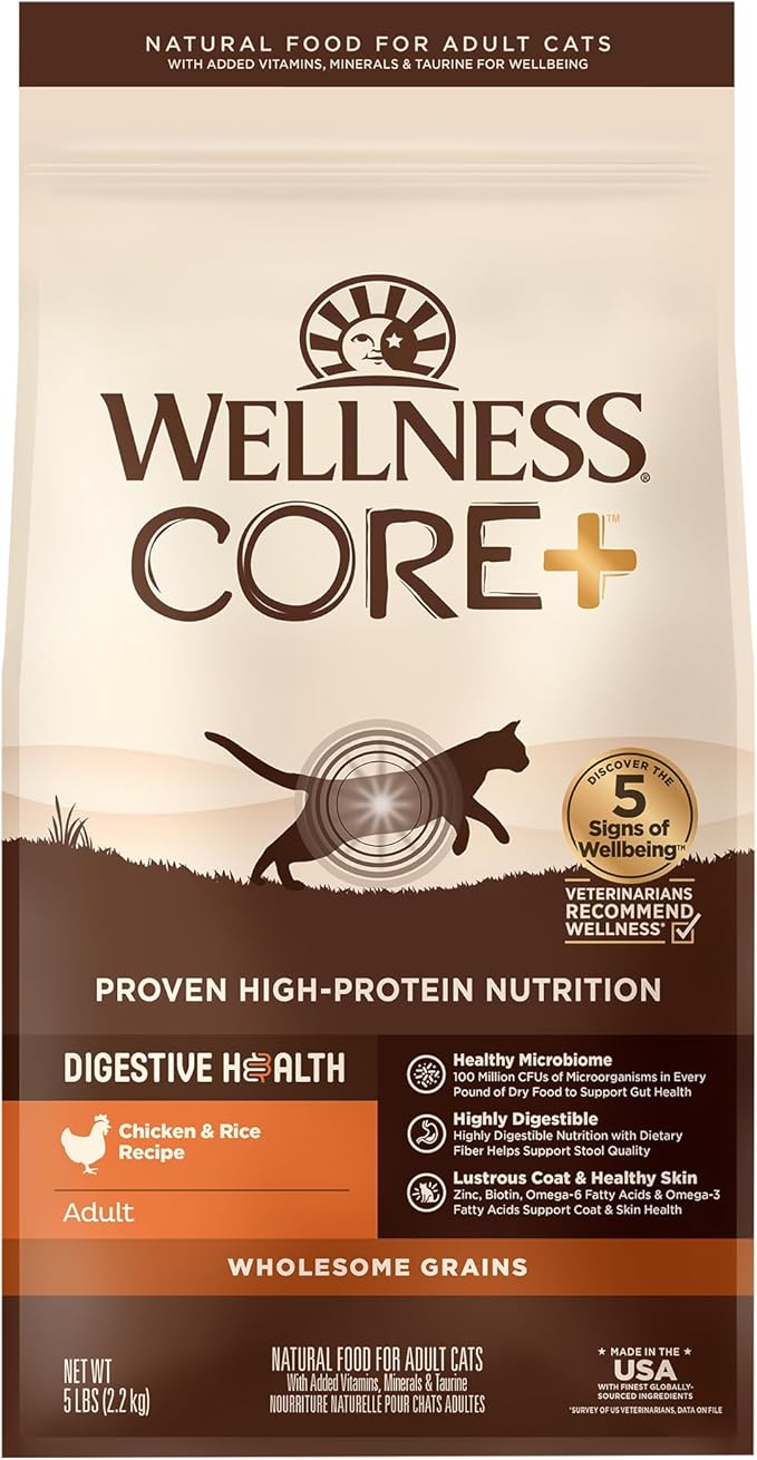Wellness CORE+ Adult Dry Cat Food for Indoor and Outdoor Cats, Wholesome Grains, Natural, Digestive Health Chicken &amp; Rice (5 Pound Bag)