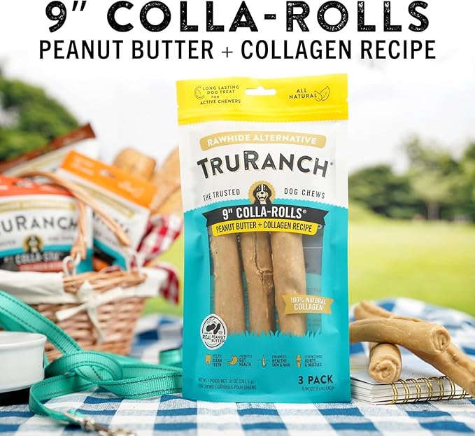 Collagen Rolls - 9" Collagen Rolls for Dogs - Long Lasting Healthy Joint Support - Rawhide Alternative - Skin &amp; Coat Health - Made with Real Peanut Butter, Value Pack, 3 Bags, 9 Count