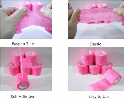 6 Pack 2" x 5 Yards Self Adhesive Bandage Wrap Breathable Cohesive Vet Wrap for Pets, Elastic Self-Adherent Tape for Sports, Wrist, Ankle (Pink)