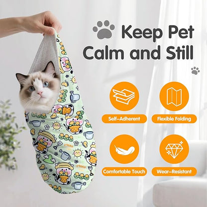 27.6" Large Cat Grooming Wrap, Cat Grooming Supplies, Cat Wrap for Cutting Nails, Self-Adhesive Cat Grooming Bag for Cats Within 15lbs Cat Restraint for Nail Clipping, Medicine Taking(Green)