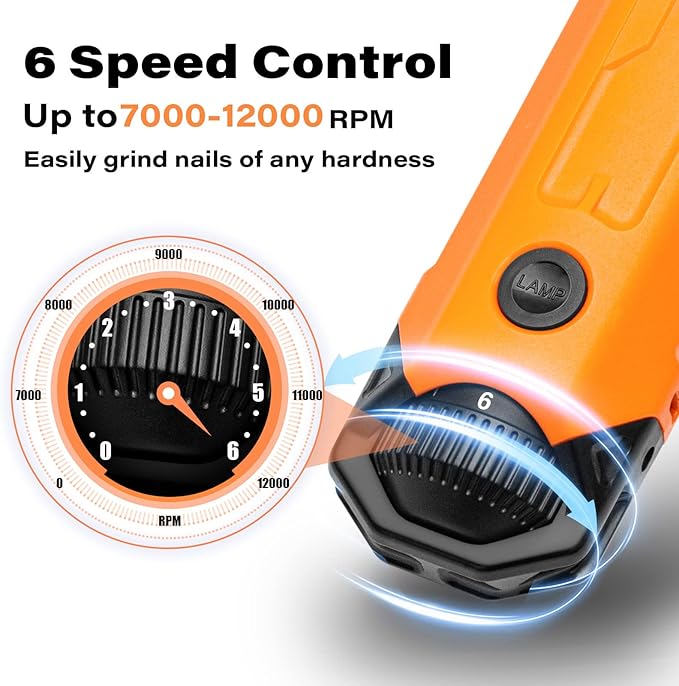 Casfuy 6-Speed Dog Nail Grinder - Newest Enhanced Pet Nail Grinder Super Quiet Rechargeable Electric Dog Nail Trimmer Painless Paws Grooming &amp; Smoothing Tool for Large Medium Small Dogs (Orange)