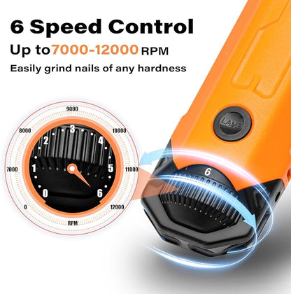 Casfuy 6-Speed Dog Nail Grinder - Newest Enhanced Pet Nail Grinder Super Quiet Rechargeable Electric Dog Nail Trimmer Painless Paws Grooming &amp; Smoothing Tool for Large Medium Small Dogs (Orange)