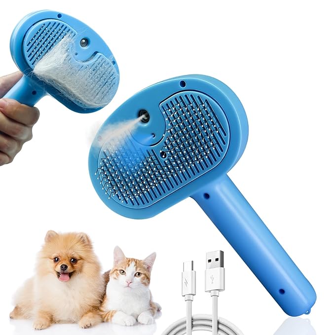 5-in-1 Pet Steam Brush for Cats &amp; Dogs – Grooming, Shedding, Massage &amp; One-Touch Clean for Short &amp; Long Hair Pets – Electric Cat Brush with Comb &amp; Steam (Blue)