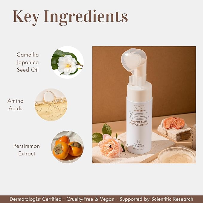 YUKIMI Premium Amino Acid Paw Cleanser with Silicone Bristle Brush for Dogs &amp; Cats | Dermatologist Certified Hypoallergenic | Hydrating, Soothing, Deodorizing, Moisturizing | pH Balanced - 5.0 Fl Oz