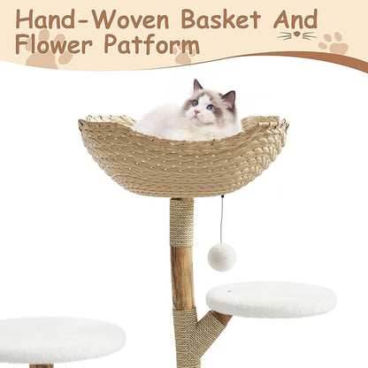 Modern Wood Cat Tree Tower for Large Cats | Luxury Solid Pear Wood Condo with Platforms, Scratching Posts &amp; All-Season Mats, 43" Aesthetic Cat Furniture, 2 Branch