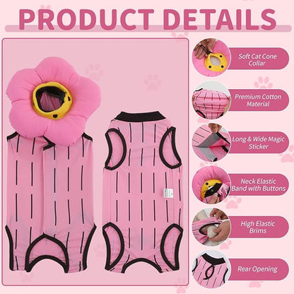 EMUST 2-in-1 Cat Recovery Suit &amp; Cone Collar - Cute Surgical Suit for Abdominal Wounds, Adjustable Soft Flower Collar - Cat Onesie After Surgery, 4-8lb (Pink, M)