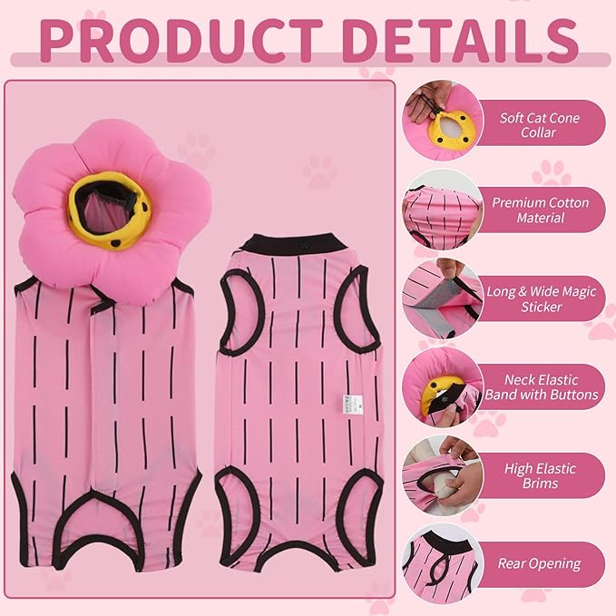 EMUST Cute Cat Recovery Suit &amp; Cone Collar Set - Soft, Adjustable Flower Collar for Female Kittens Under 4lb (Pink, S)