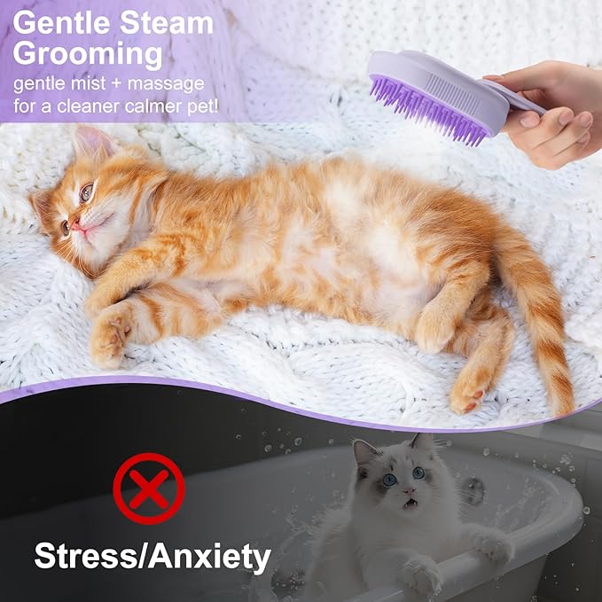 Steam Brush for Cat &amp; Dog – 3-in-1 Spritz Pet Spray Hair Removal Comb for Grooming &amp; Shedding Steam – Water Brush for Long &amp; Short Haired Pets– Includes Two Bottles Waterless Shampoo