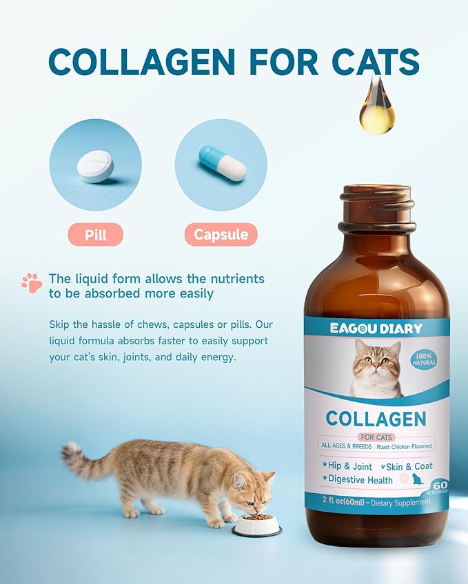 Collagen for Cats - Hip and Joint Supplement, Digestive &amp; Immunity Support, Skin &amp; Coat Health, Liquid Collagen for Cats with MSM, Glucosamine, Coconut Oil, Vitamin E, Roast Chicken Flavored, 60ml