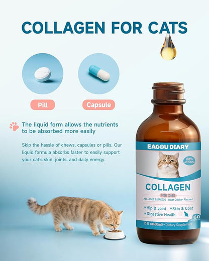 Collagen for Cats - Hip and Joint Supplement, Digestive &amp; Immunity Support, Skin &amp; Coat Health, Liquid Collagen for Cats with MSM, Glucosamine, Coconut Oil, Vitamin E, Roast Chicken Flavored, 60ml