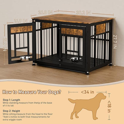Dog Crate Furniture End Table 38 Inch Hidden Kennel Cabinet with Removable Tray, Thickened Metal Frame Dog Cage, Dual-Purpose Pet House &amp; Nightstand for Living Room