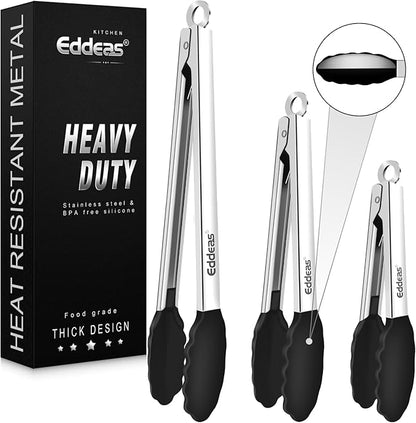 Kitchen Tongs with Silicone Tips, Heat Resistant 600 Degrees All Metal handle Locking Tongs For Cooking with Rubber Tips, Heavy Duty Stainless steel Food Tongs, Set of 3-7" 9" &amp; 12" Black