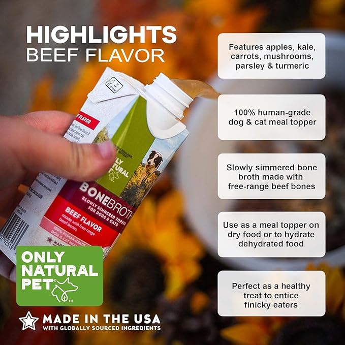Only Natural Pet Bone Broth Beef Flavor Dog &amp; Cat Meal Topper, 100% Human-Grade Slow-Simmered, Free-Range for Dry Food or to Hydrate Dehydrated Food - (12-Pack / 11.16 oz Each)