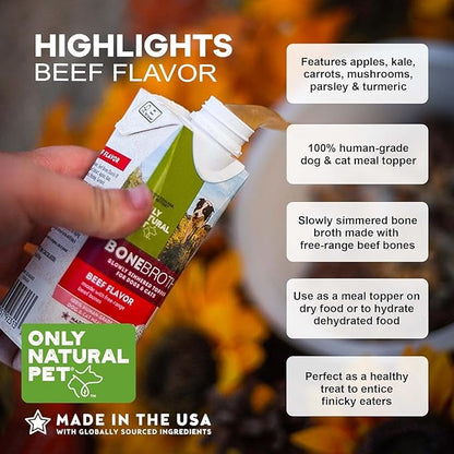 Only Natural Pet Bone Broth Beef Flavor Dog &amp; Cat Meal Topper, 100% Human-Grade Slow-Simmered, Free-Range for Dry Food or to Hydrate Dehydrated Food - (12-Pack / 11.16 oz Each)