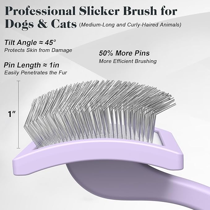 2PCS Slicker Brush for Dogs &amp; Pet Comb,Professional Dog Grooming Brush (Goldendoodles,Poodles,Labradoodles) with Extra Long Pins to Effectively Remove Tangles, Knots and Mats (Light Purple)