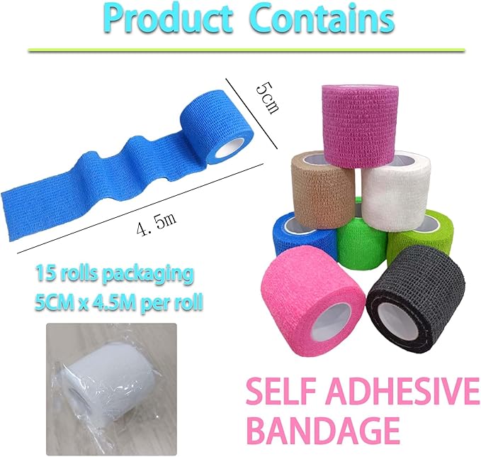 Self Adhesive Bandage Wrap 15Roll,Non-Woven Cohesive Bandage Tape,5CM x 5Yard Vet Wrap Tape for Wrist &amp; Ankle Grip Cover,Elastic Athletic Tape-15color